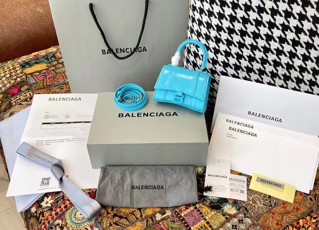 Balenciaga WOMENS HOURGLASS MINI TOP HANDLE BAG shiny box calfskin M8000 blue
