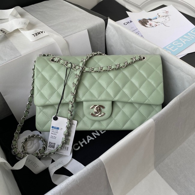 Chanel Flap Shoulder Bag Grained Calfskin A01112 silver-Tone Metal green