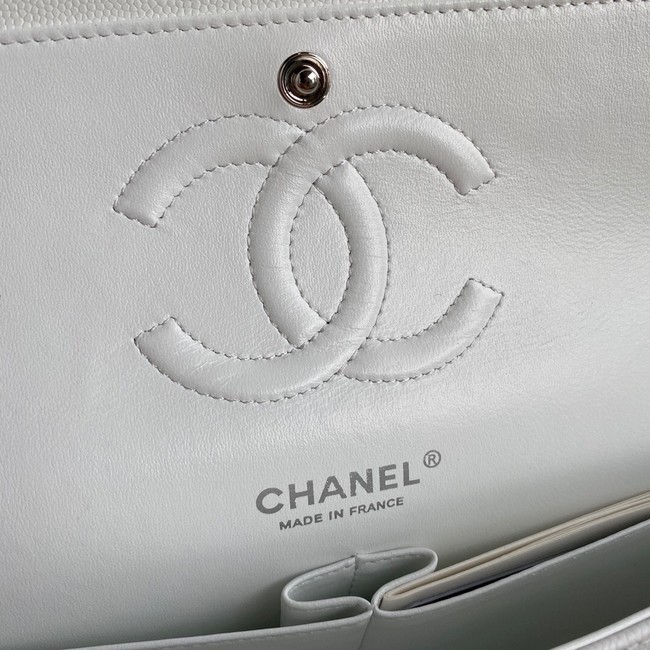 Chanel Flap Shoulder Bag Grained Caviar Leather A01112 silver-Tone Metal white