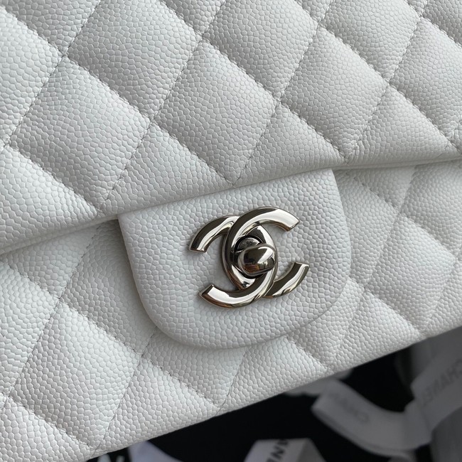 Chanel Flap Shoulder Bag Grained Caviar Leather A01112 silver-Tone Metal white