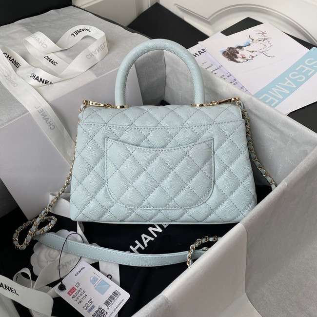 Chanel flap bag with top handle Grained Calfskin A92990 light blue
