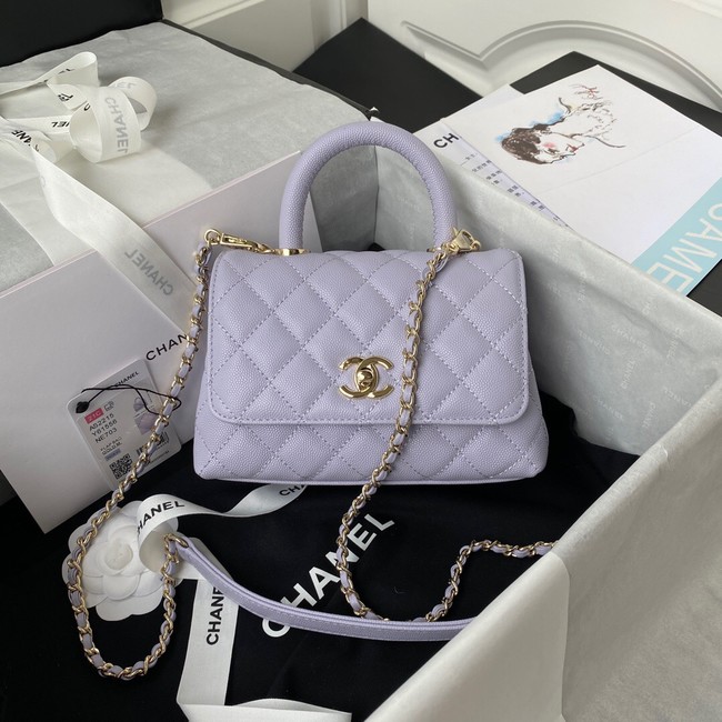 Chanel flap bag with top handle Grained Calfskin gold-Tone Metal AS2215 light blue