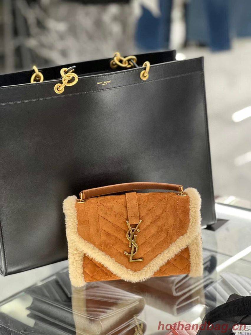 Yves Saint Laurent ENVELOPE SMALL BAG IN SUEDE AND SHEARLING 76361 brown