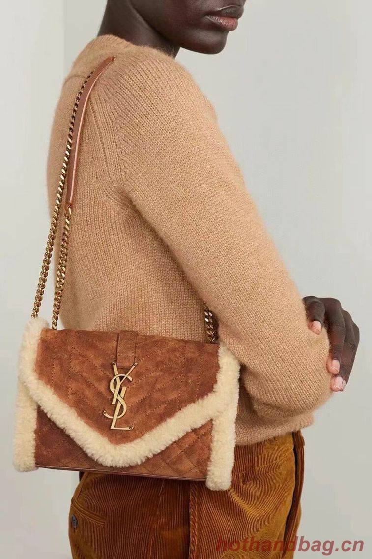 Yves Saint Laurent ENVELOPE SMALL BAG IN SUEDE AND SHEARLING 76361 brown