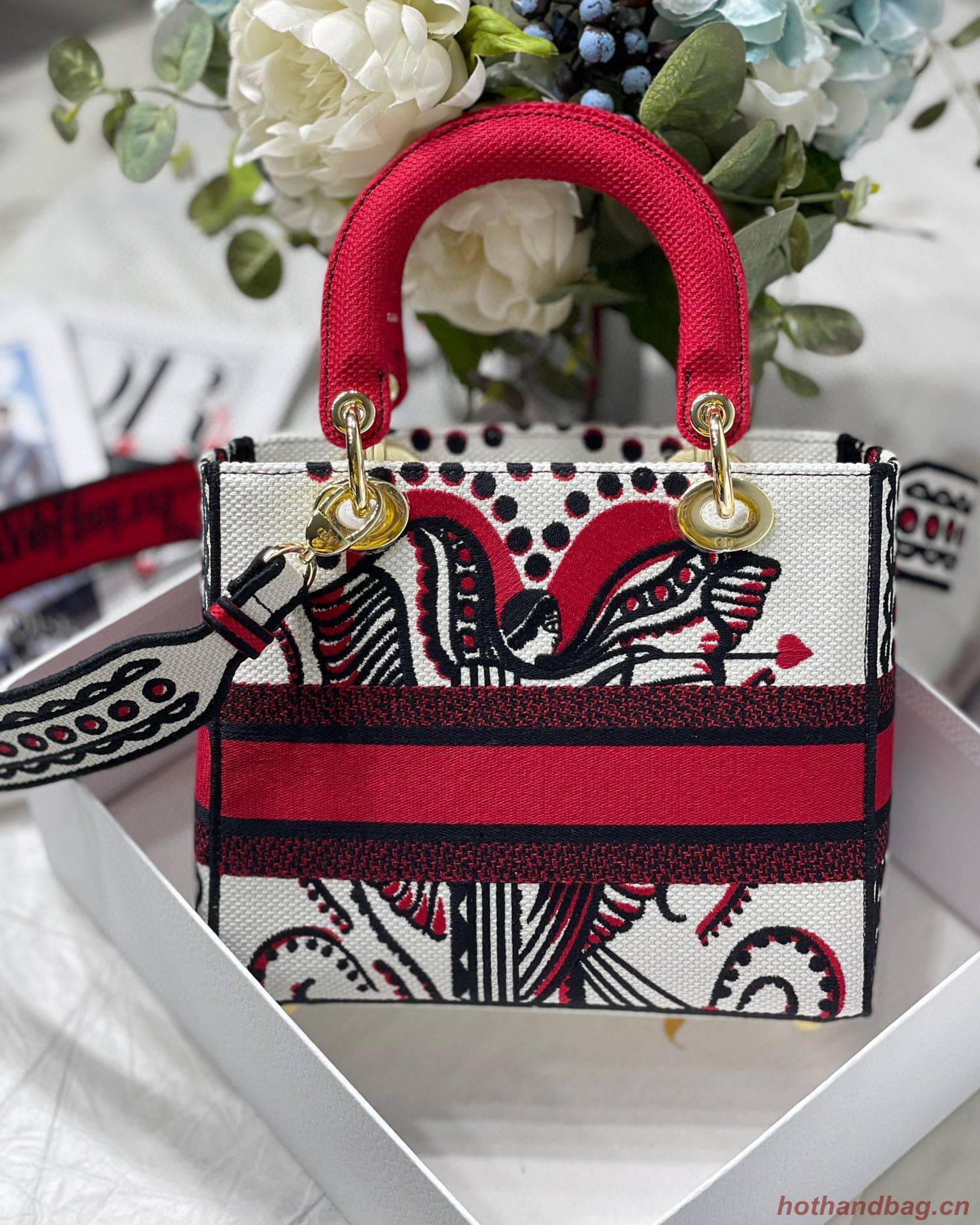 MEDIUM LADY D-LITE BAG M8002 Red Multicolor Dior Arabesque Embroidery
