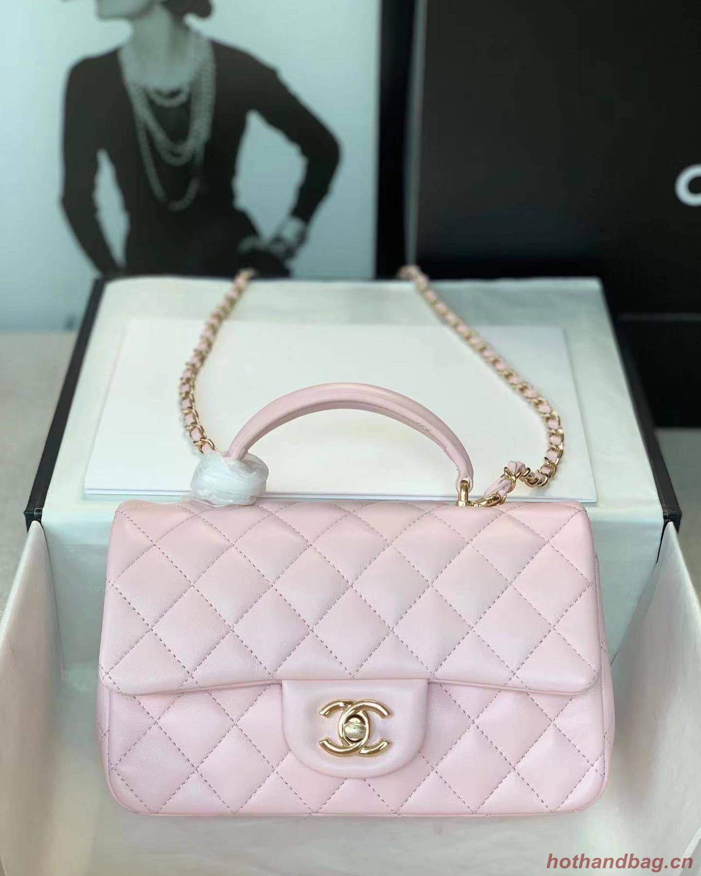 CHANEL mini flap bag with top handle AS2431 light pink