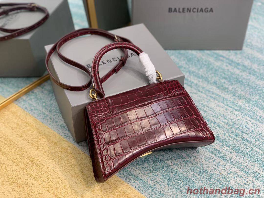 Balenciaga HOURGLASS SMALL TOP HANDLE BAG crocodile embossed calfskin B108895E Burgundy 