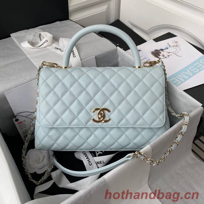 Chanel flap bag with top handle Grained Calfskin gold-Tone Metal A92991 light blue