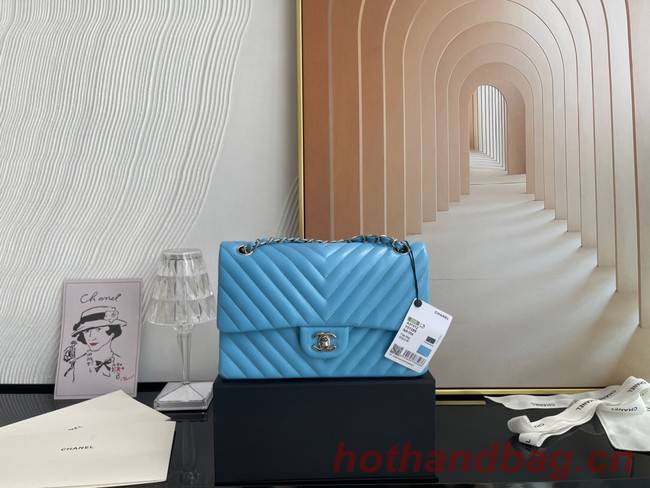 Chanel classic handbag Lambskin & silver Metal V01112 sky blue