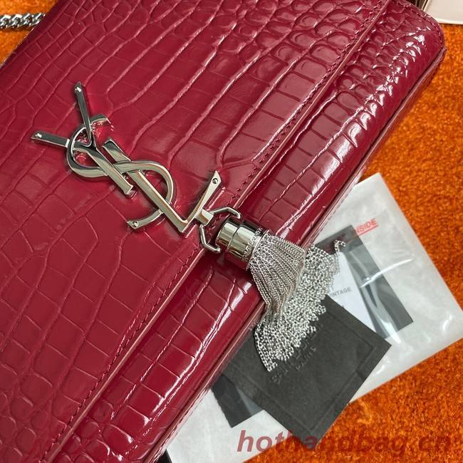 Yves Saint Laurent KATE CHAIN WALLET WITH TASSEL IN CROCODILE-EMBOSSED SHINY LEATHER 452159 Burgundy