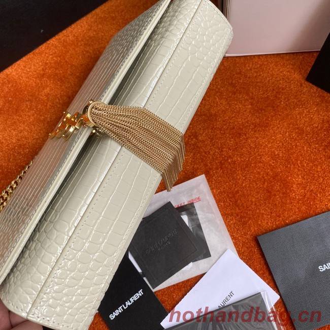 Yves Saint Laurent KATE CHAIN WALLET WITH TASSEL IN CROCODILE-EMBOSSED SHINY LEATHER 452159 WHITE