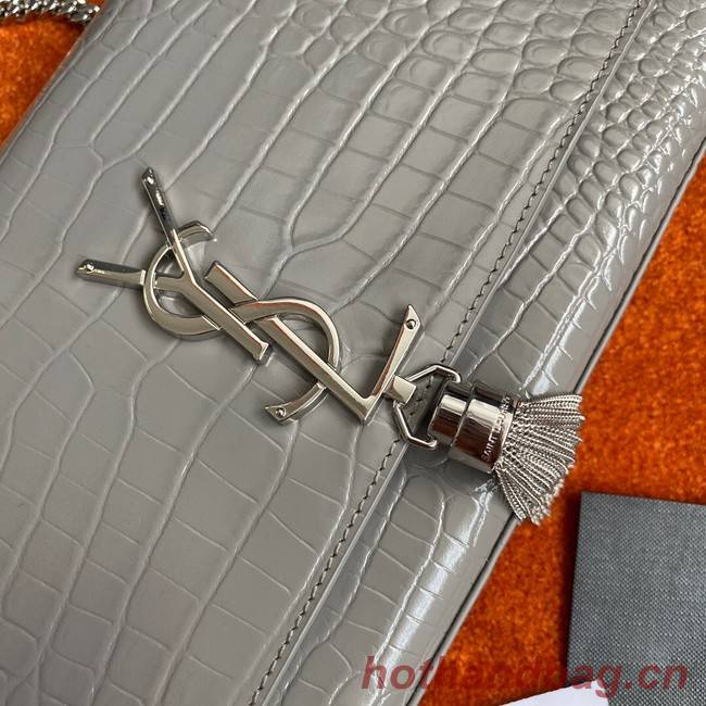 Yves Saint Laurent KATE CHAIN WALLET WITH TASSEL IN CROCODILE-EMBOSSED SHINY LEATHER 452159B GRAY