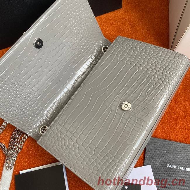 Yves Saint Laurent KATE CHAIN WALLET WITH TASSEL IN CROCODILE-EMBOSSED SHINY LEATHER 452159B GRAY