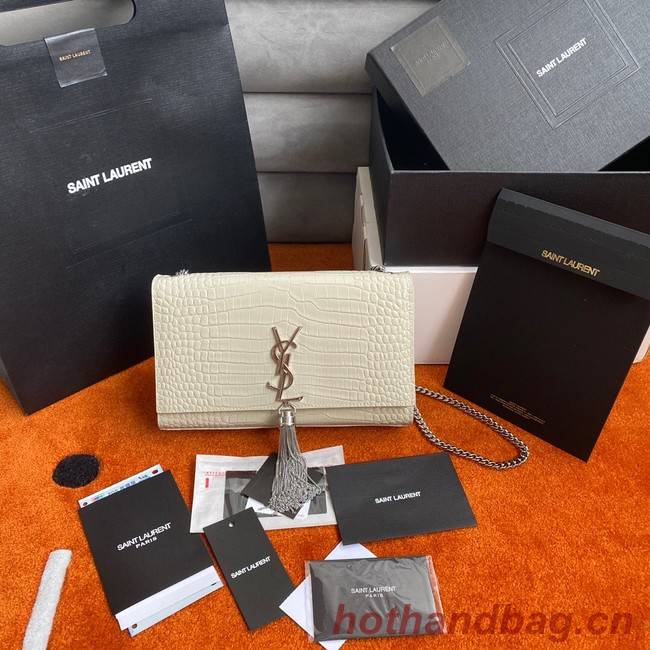 Yves Saint Laurent KATE CHAIN WALLET WITH TASSEL IN CROCODILE-EMBOSSED SHINY LEATHER 452159B WHITE