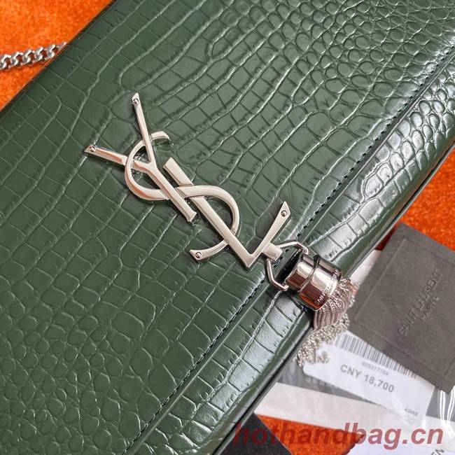 Yves Saint Laurent KATE CHAIN WALLET WITH TASSEL IN CROCODILE-EMBOSSED SHINY LEATHER 452159B blackish green