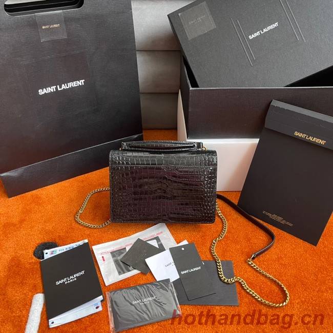 Yves Saint Laurent SUNSET SMALL CHAIN BAG IN CROCODILE EMBOSSED SHINY LEATHER Y533036A BLACK