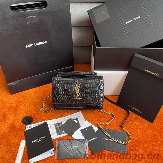 Yves Saint Laurent SUNSET SMALL CHAIN BAG IN CROCODILE EMBOSSED SHINY LEATHER Y533036A BLACK