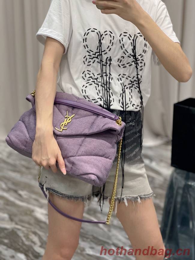 SAINT LAURENT PUFFER SMALL CHAIN BAG IN DENIM AND SMOOTH LEATHER 577476 BLEACHED LILAC