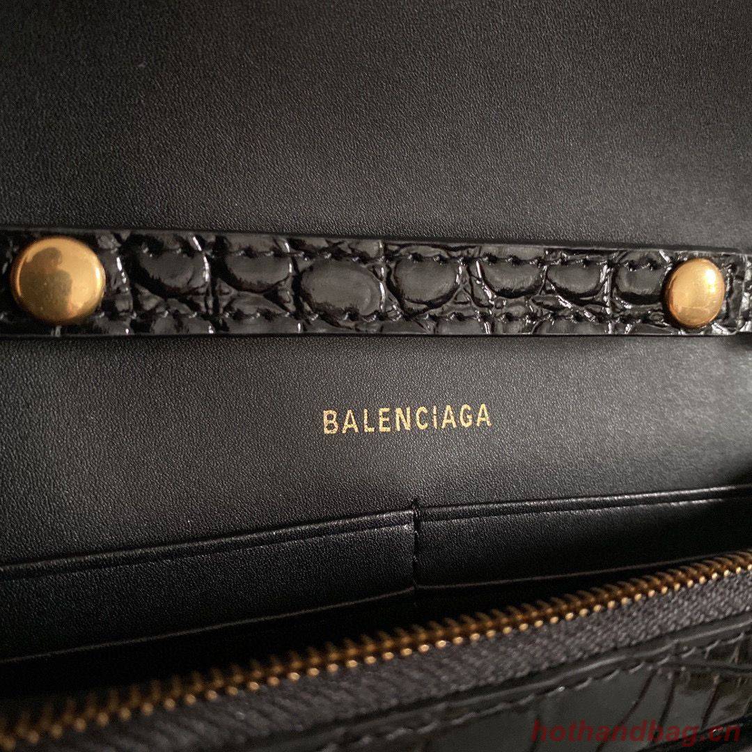 Balenciaga HOURGLASS Wallet With Chain Crocodile Embossed 656050 Black
