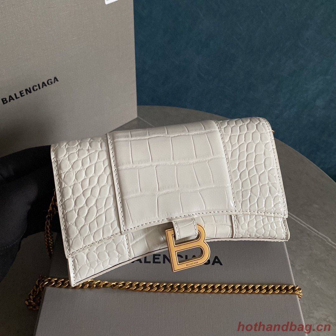 Balenciaga HOURGLASS Wallet With Chain Crocodile Embossed 656050 White