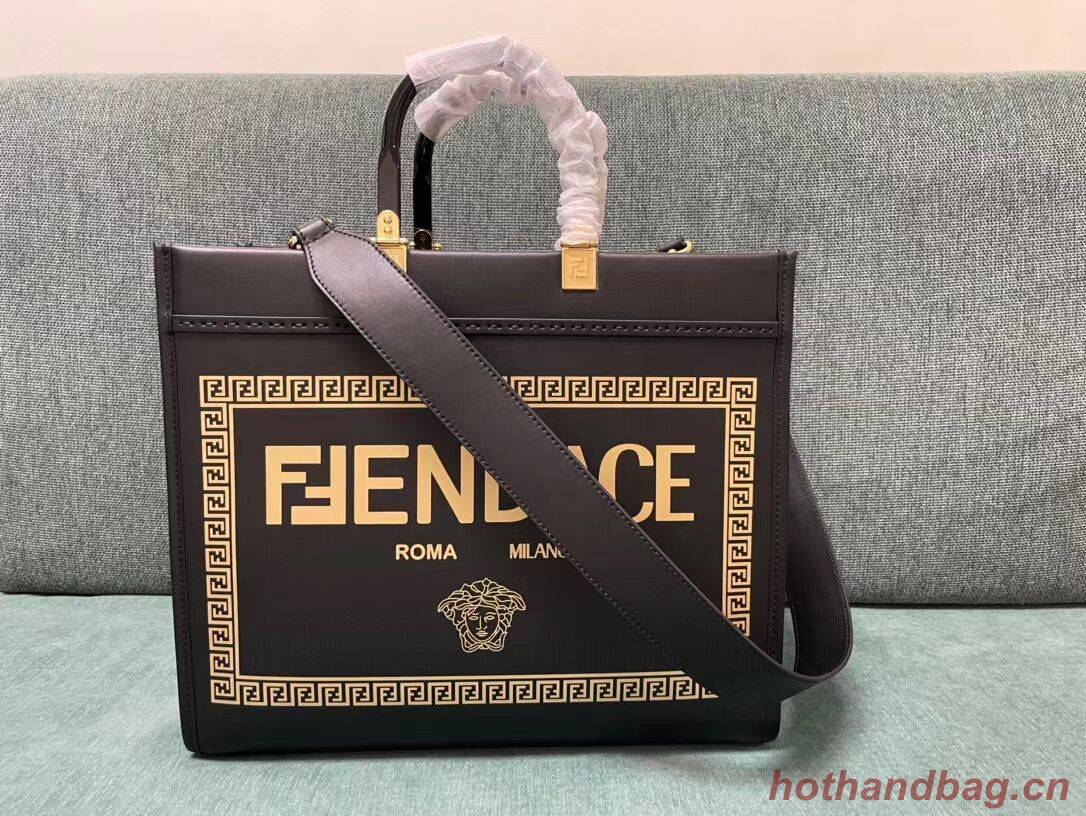 Fendi Sunshine Medium Fendace Printed black leather Logo shopper 8BH386A