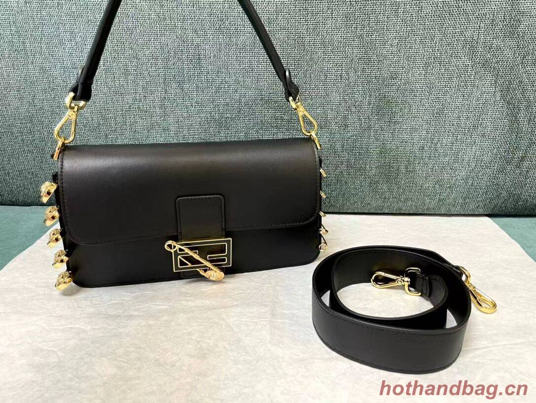 Fendi Baguette brooch Fendace Black leather bag 8BR801