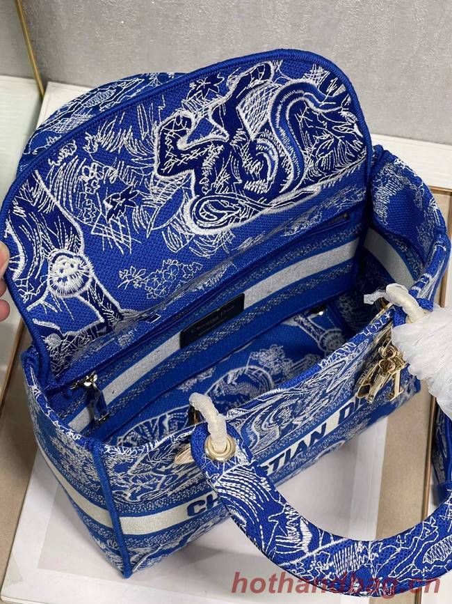 MEDIUM LADY D-LITE BAG Fluorescent Blue Toile de Jouy Reverse Embroidery M0565OROC