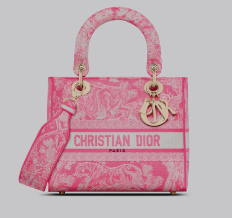 MEDIUM LADY D-LITE BAG Fluorescent Pink Toile de Jouy Reverse Embroidery M0565OROC