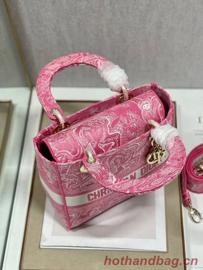 MEDIUM LADY D-LITE BAG Fluorescent Pink Toile de Jouy Reverse Embroidery M0565OROC