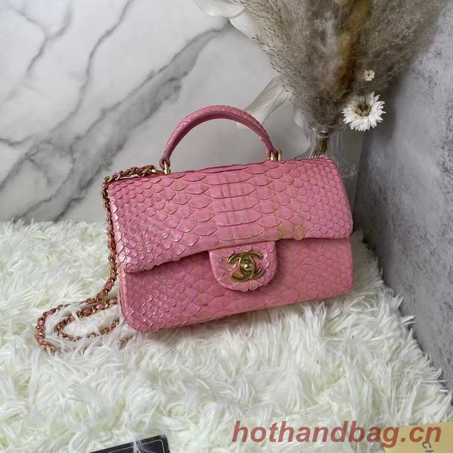 Chanel Snake skin mini flap bag with top handle AS2431 Pearlescent Pink