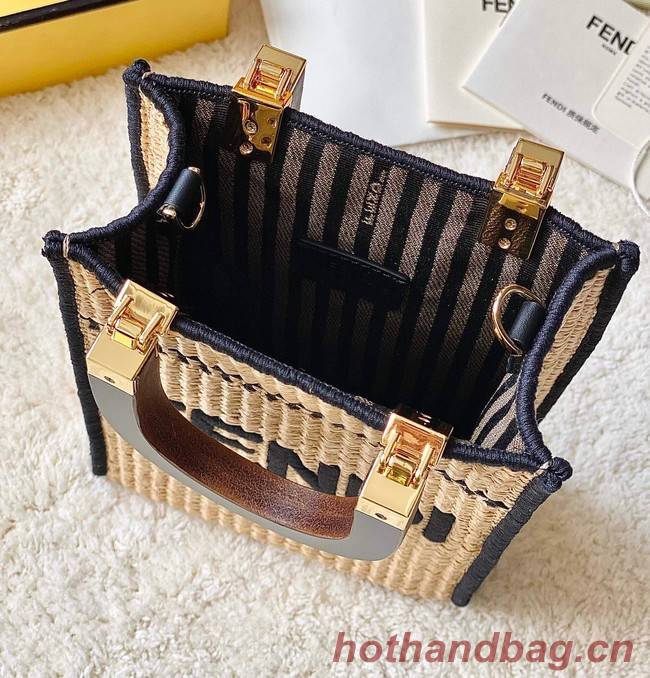 FENDI Mini Sunshine Shopper FF raffia mini-bag 8BS051A black
