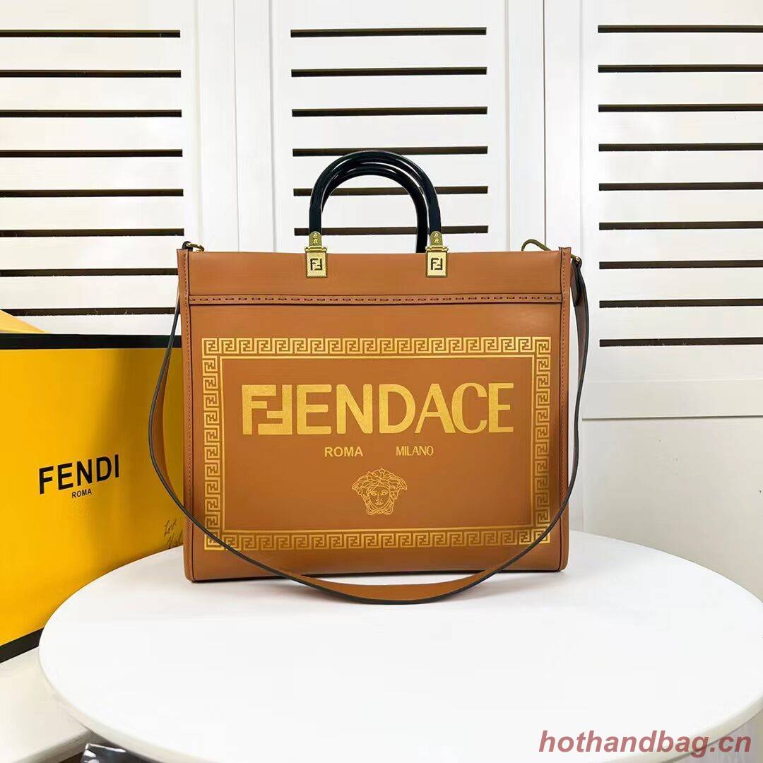 Fendi Sunshine Medium Fendace Printed leather Logo shopper 8BH386A brown