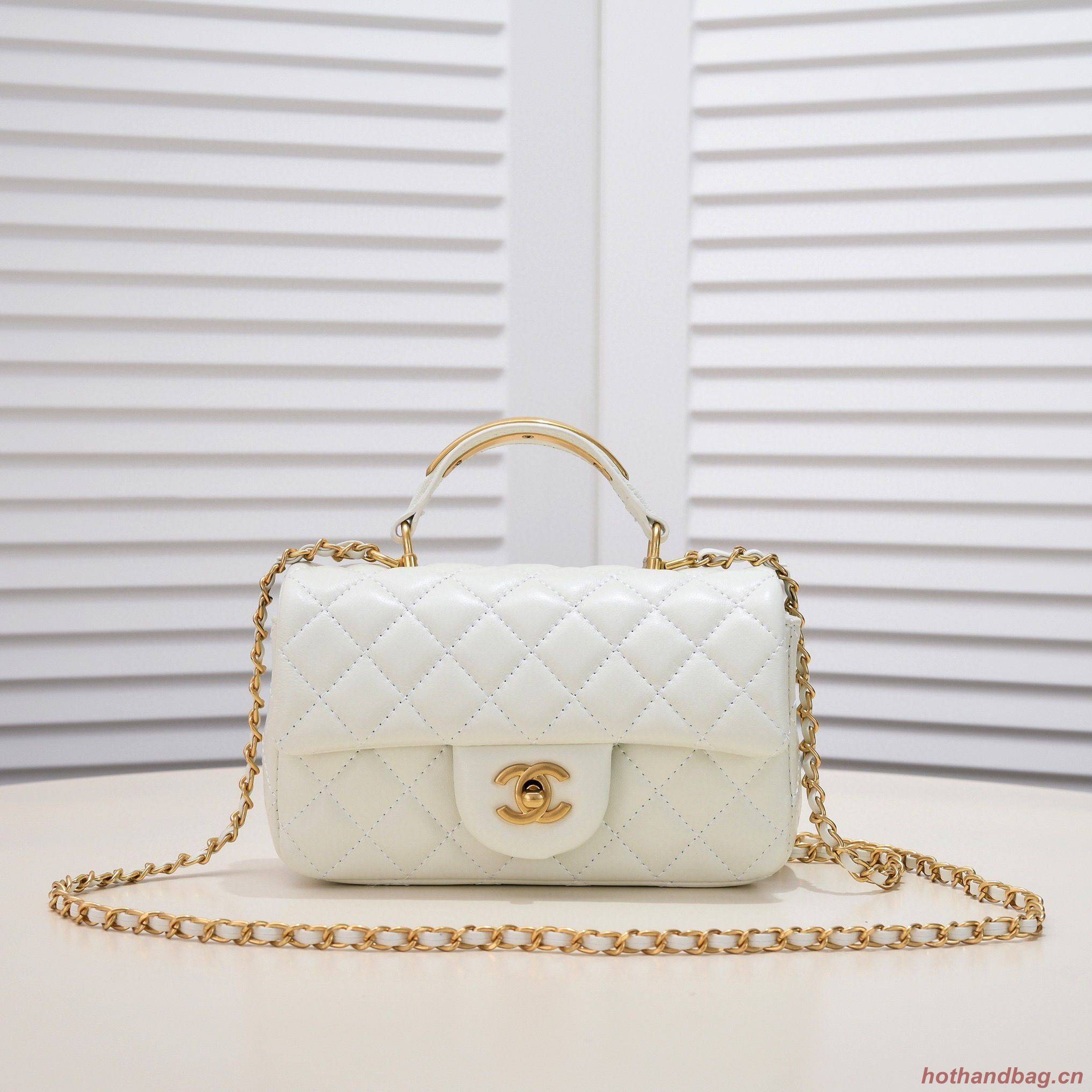 CHANEL 22B mini CF flap bag with Gold hardware top handle AS2431 White