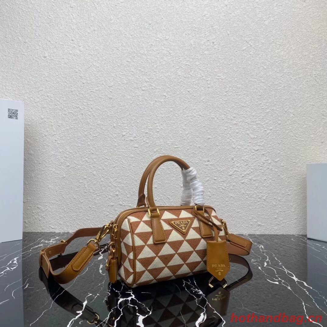 Prada Symbole embroidered jacquard fabric top-handle bag 1BB846 white&brown