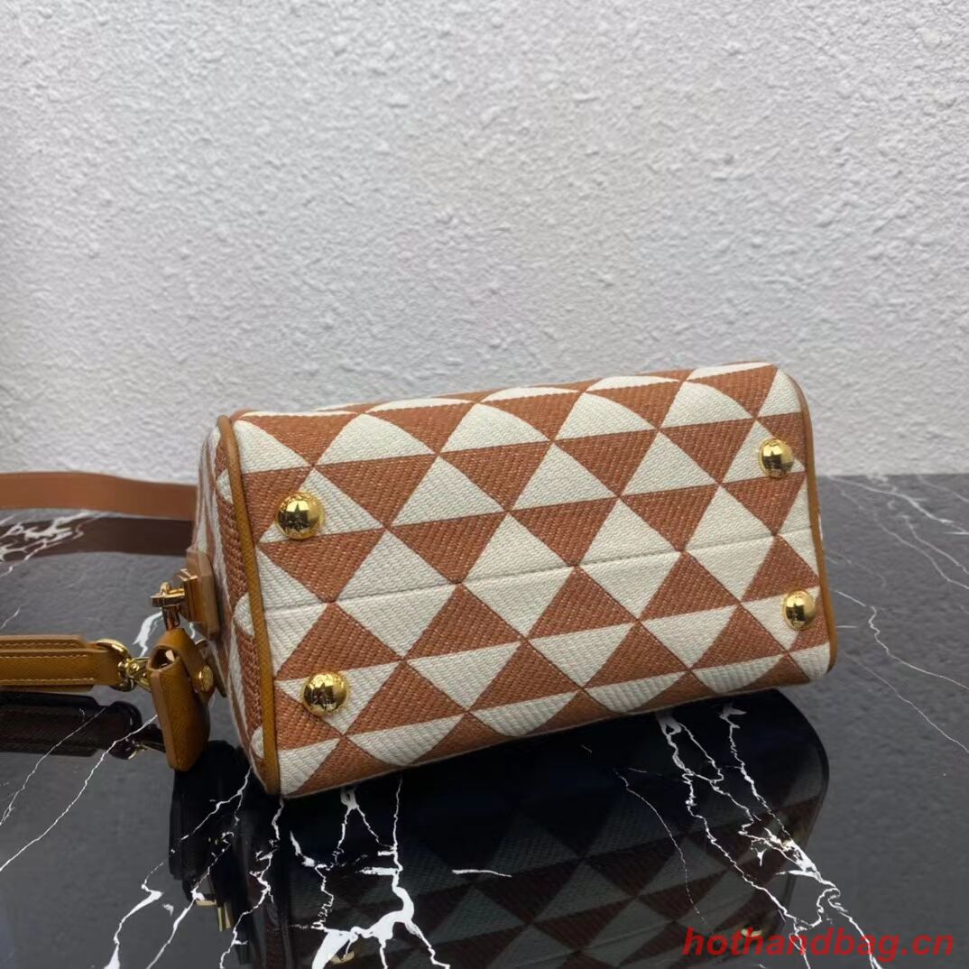 Prada Symbole embroidered jacquard fabric top-handle bag 1BB846 white&brown