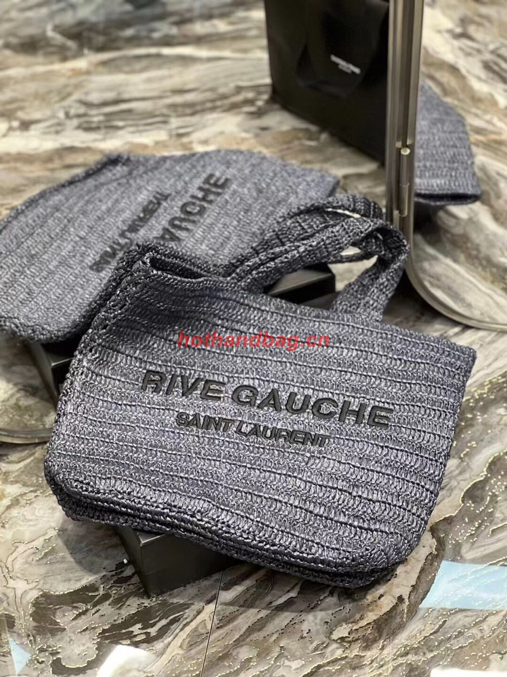 SAINT LAURENT RIVE GAUCHE SUPPLE TOTE BAG IN RAFFIA CROCHET 688864 black