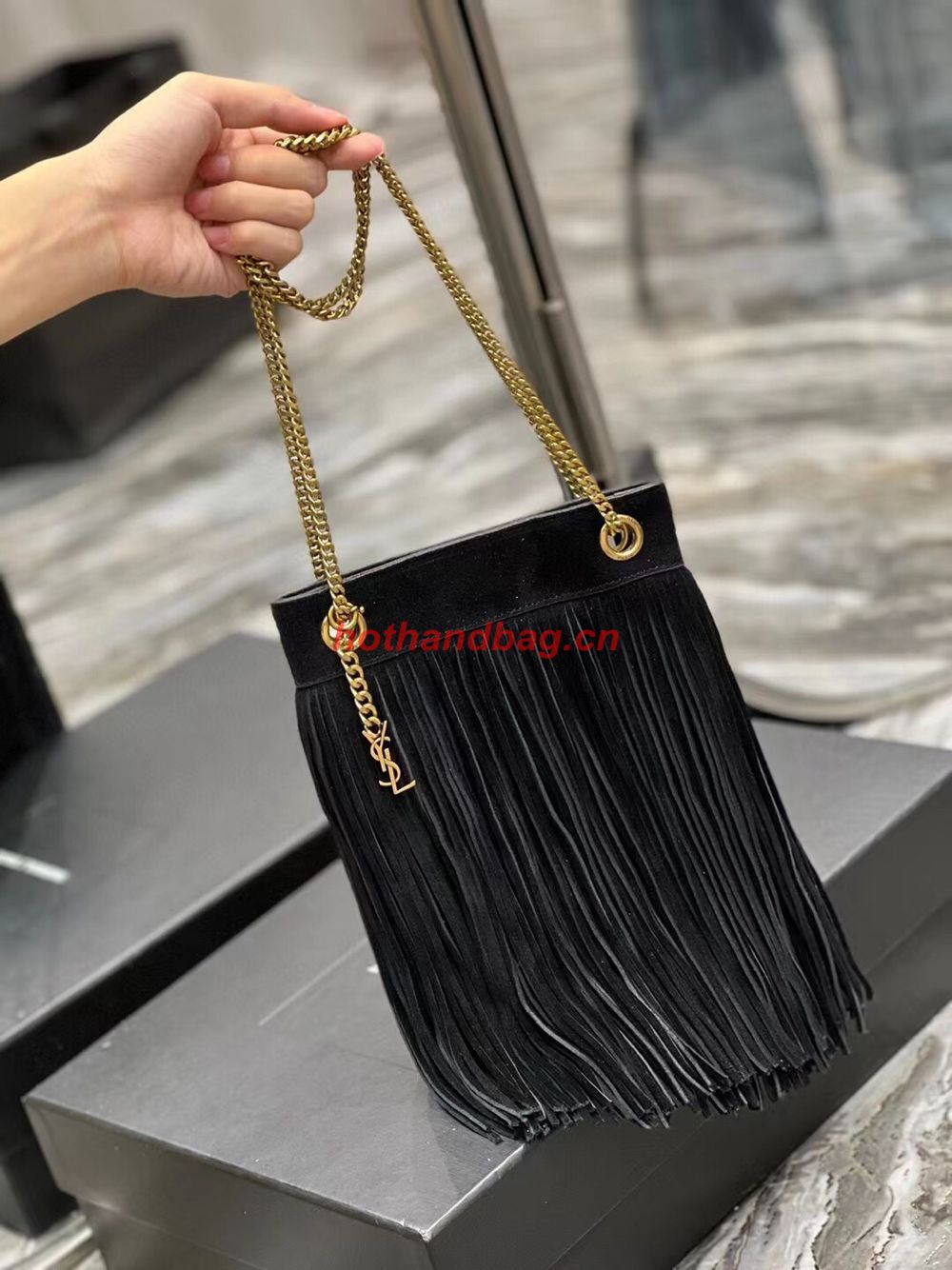 SAINT LAURENT SMALL CHAIN BAG IN LIGHT SUEDE WITH FRINGES 683378 BLACK