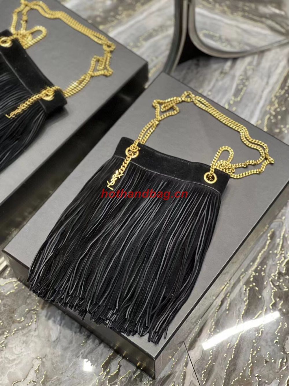 SAINT LAURENT SMALL CHAIN BAG IN LIGHT SUEDE WITH FRINGES 683378 BLACK