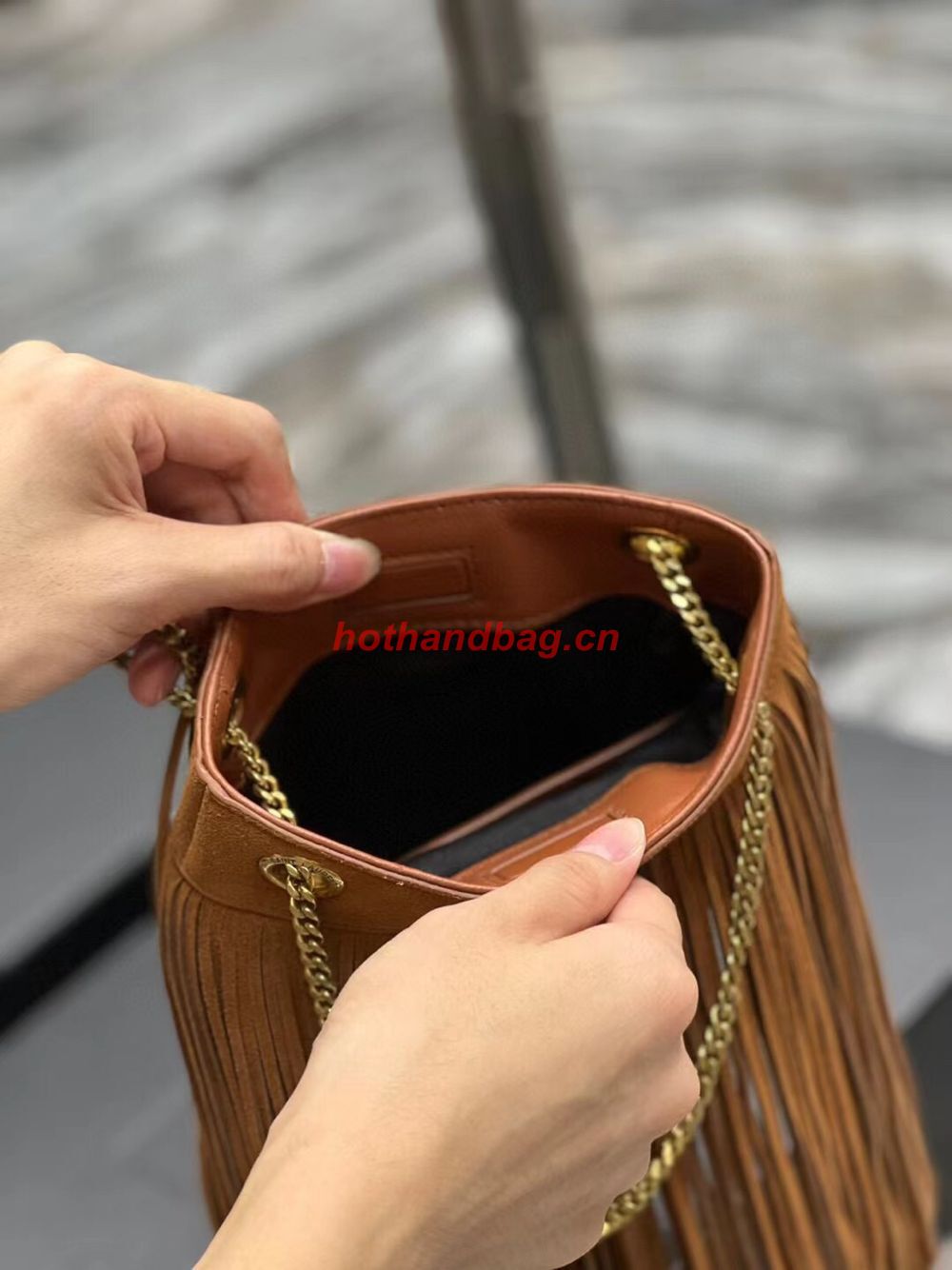 SAINT LAURENT SMALL CHAIN BAG IN LIGHT SUEDE WITH FRINGES 683378 brown