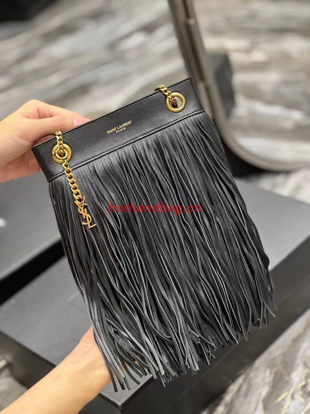 SAINT LAURENT SMALL CHAIN BAG IN SMOOTH LEATHER WITH FRINGES 683378 BLACK