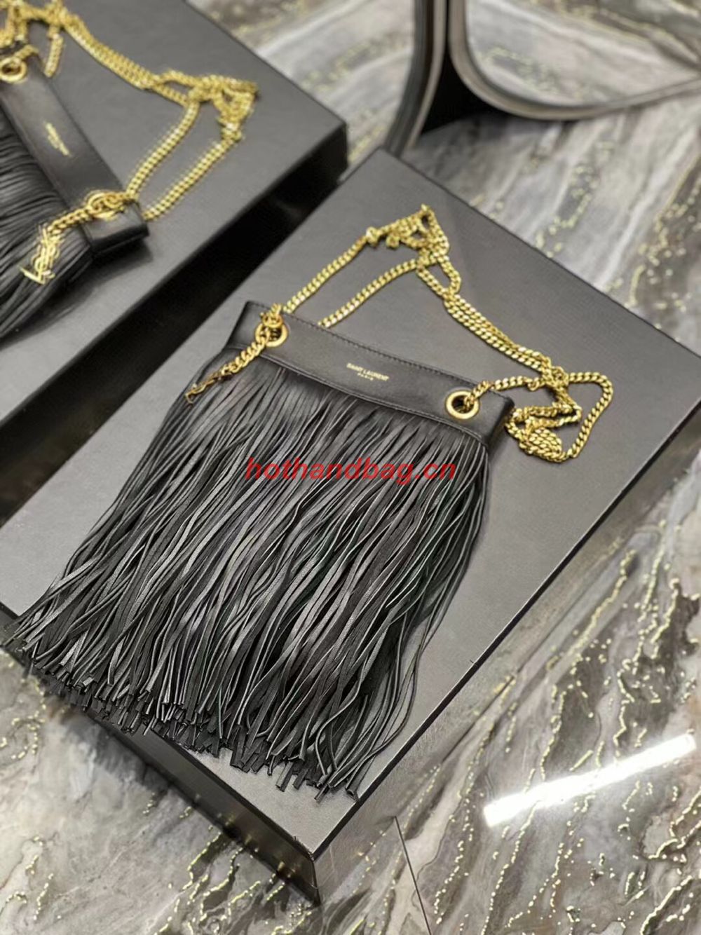 SAINT LAURENT SMALL CHAIN BAG IN SMOOTH LEATHER WITH FRINGES 683378 BLACK