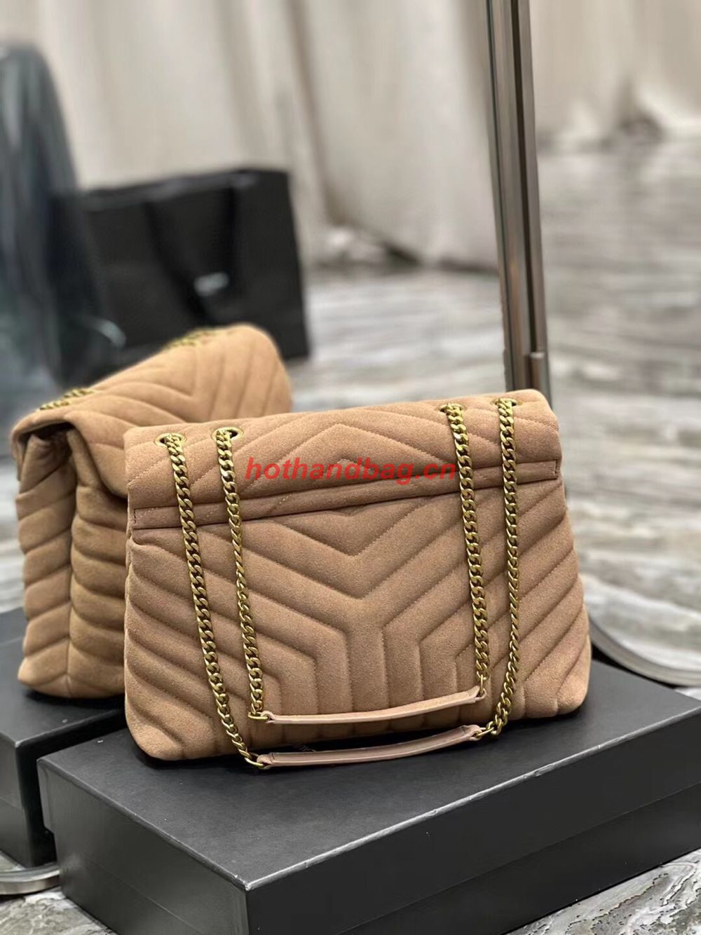 SAINT LAURENT LOULOU CHAIN BAG IN QUILTED Y SUEDE 487216 TAUPE
