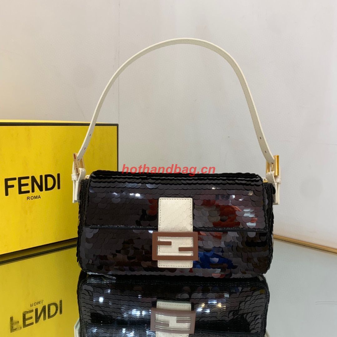Fendi FF Baguette Gold Metal Sequin Embroidery Bag 2017 Black