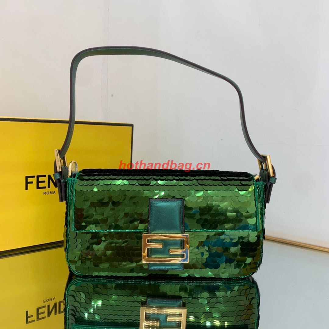 Fendi FF Baguette Gold Metal Sequin Embroidery Bag 2017 Green