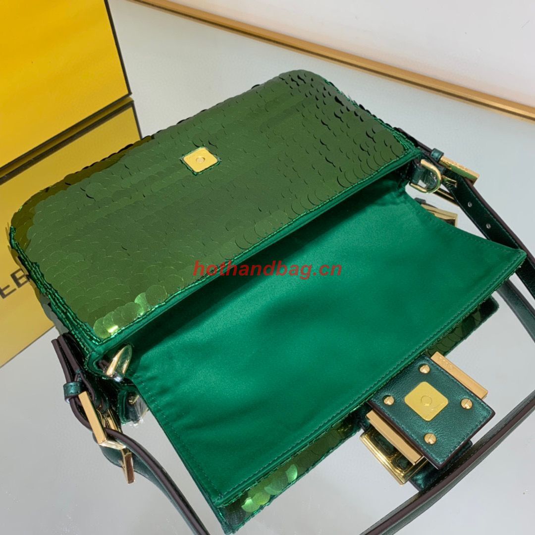 Fendi FF Baguette Gold Metal Sequin Embroidery Bag 2017 Green