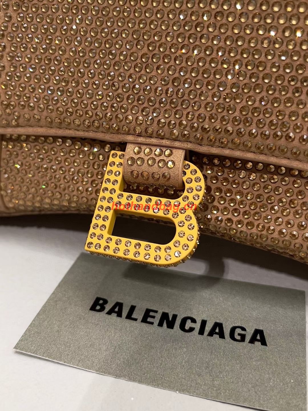 Balenciaga WOMENS HOURGLASS SMALL HANDBAG WITH RHINESTONES 592834 gold