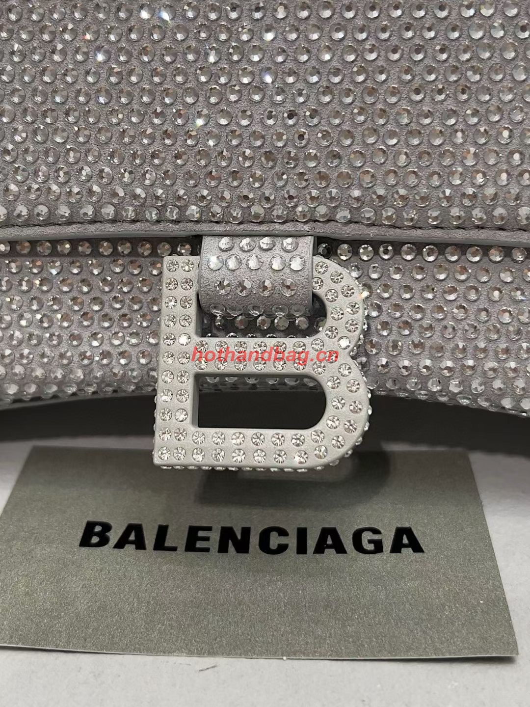 Balenciaga WOMENS HOURGLASS SMALL HANDBAG WITH RHINESTONES 592834 silver