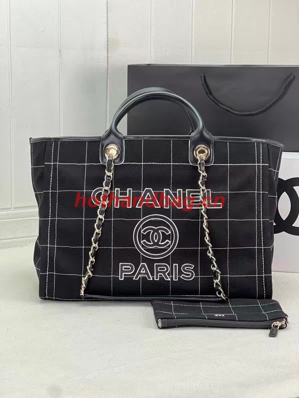 Chanel LARGE SHOPPING BAG Wool Tweed & Gold-Tone Metal A66941 Black