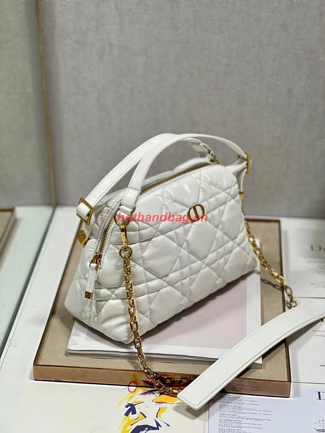 LADY DIOR TOP HANDLE SMALL BAG Latte Cannage Lambskin C0656 WHITE