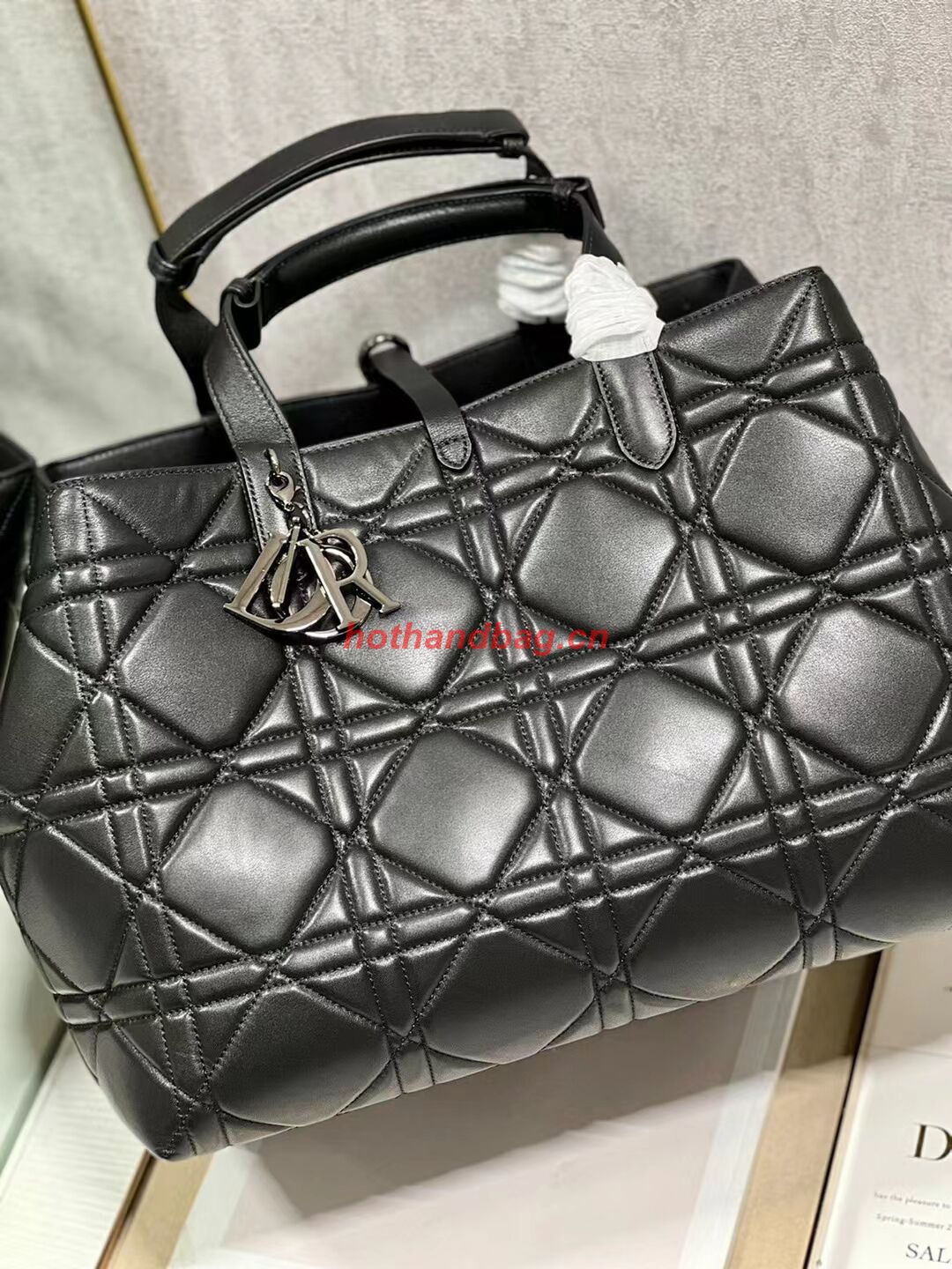 LADY DIOR TOP HANDLE LARGE BAG Latte Cannage Lambskin C0088 BLACK&BLACK